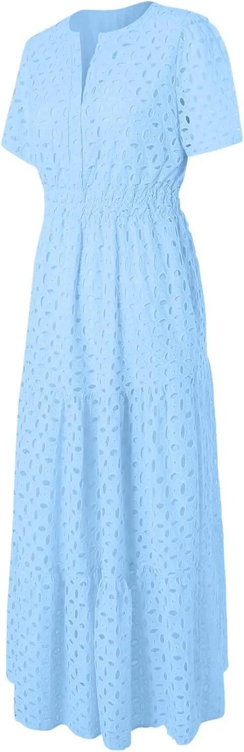 Women Summer Short Sleeve Maxi Dress Casual V Neck Hollow Out Eyelet High Waist Ruffle Swing A Line Flowy Long Dresses