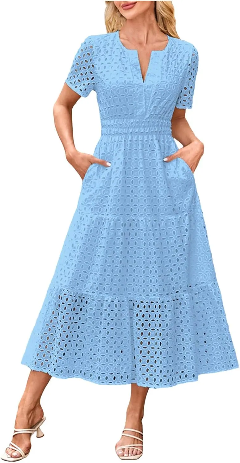 Women Summer Short Sleeve Maxi Dress Casual V Neck Hollow Out Eyelet High Waist Ruffle Swing A Line Flowy Long Dresses