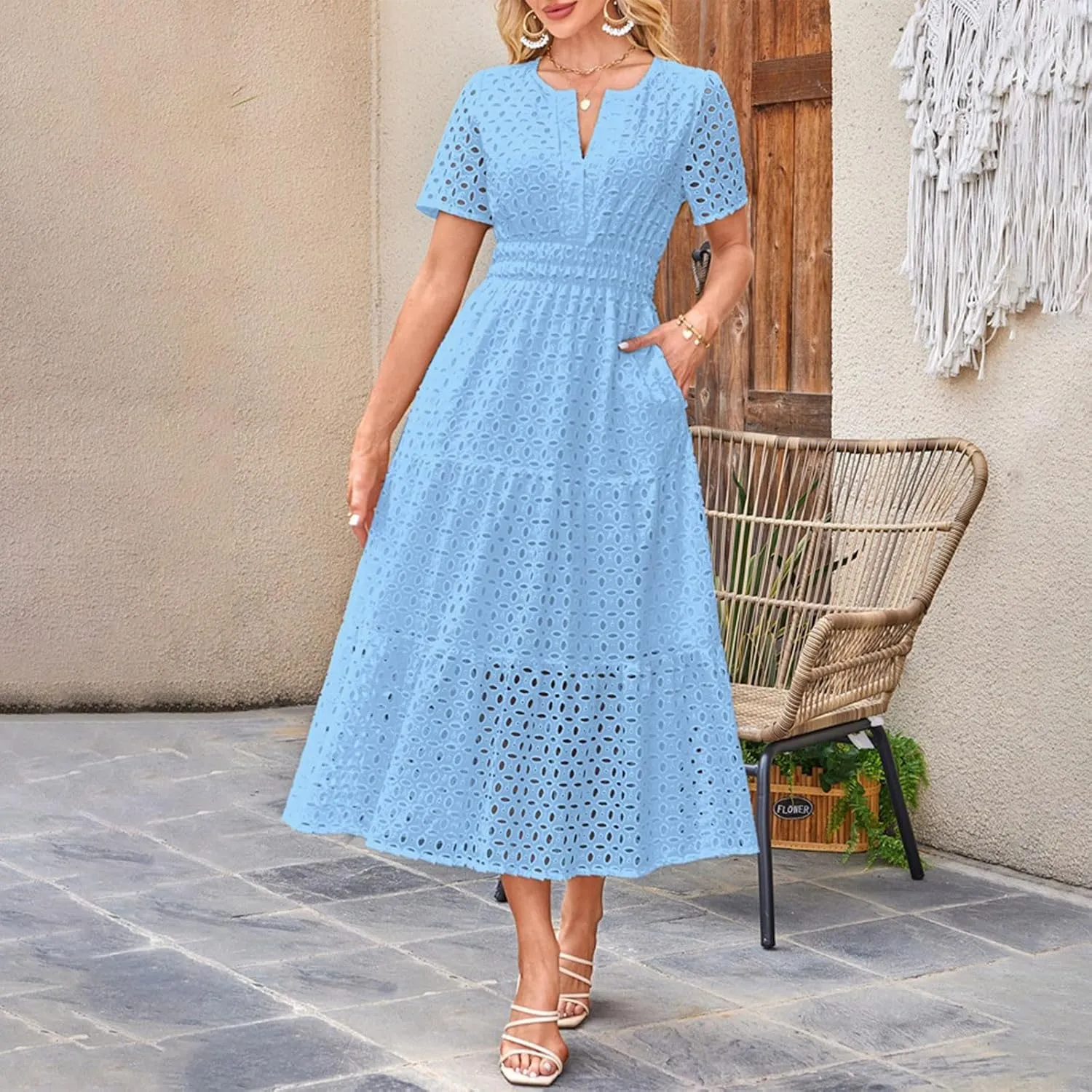 Women Summer Short Sleeve Maxi Dress Casual V Neck Hollow Out Eyelet High Waist Ruffle Swing A Line Flowy Long Dresses