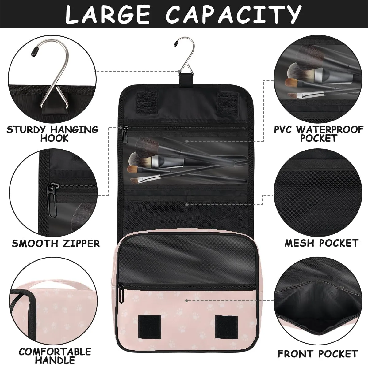 Women Travel Toiletry Bag with Hanging,Cute Cats Paw Print Travel Makeup Cosmetic Bag Water-resistant Travel Toiletry Organizer,Toiletry Bag for Women Girls, Travel Essentials