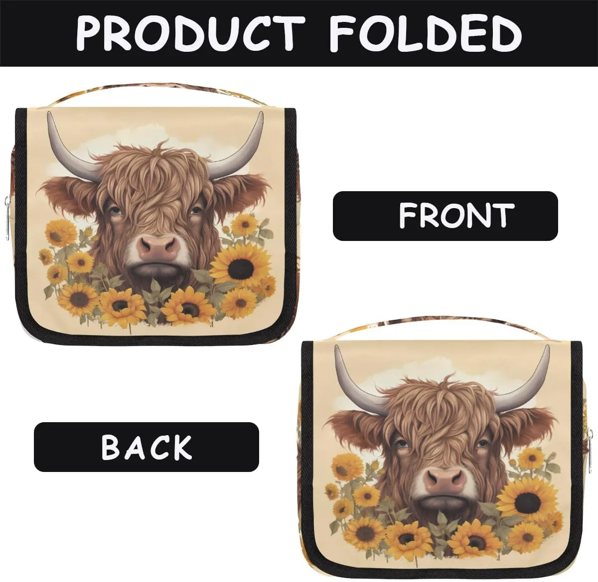 Women Travel Toiletry Bag with Hanging,Sunflower Highland Cow Travel Makeup Cosmetic Bag Water-resistant Travel Toiletry Organizer,Toiletry Bag for Women Girls, Travel Essentials