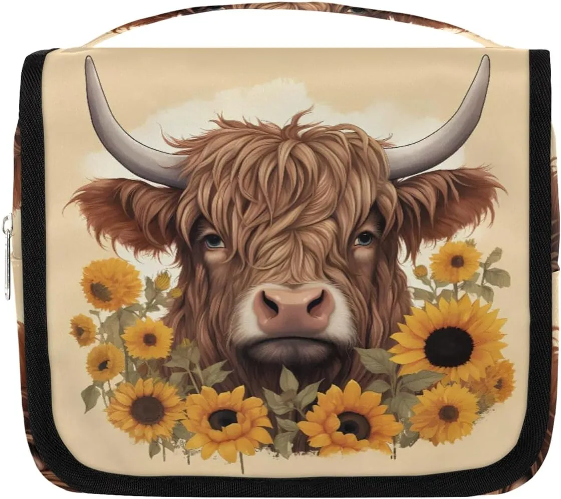 Women Travel Toiletry Bag with Hanging,Sunflower Highland Cow Travel Makeup Cosmetic Bag Water-resistant Travel Toiletry Organizer,Toiletry Bag for Women Girls, Travel Essentials