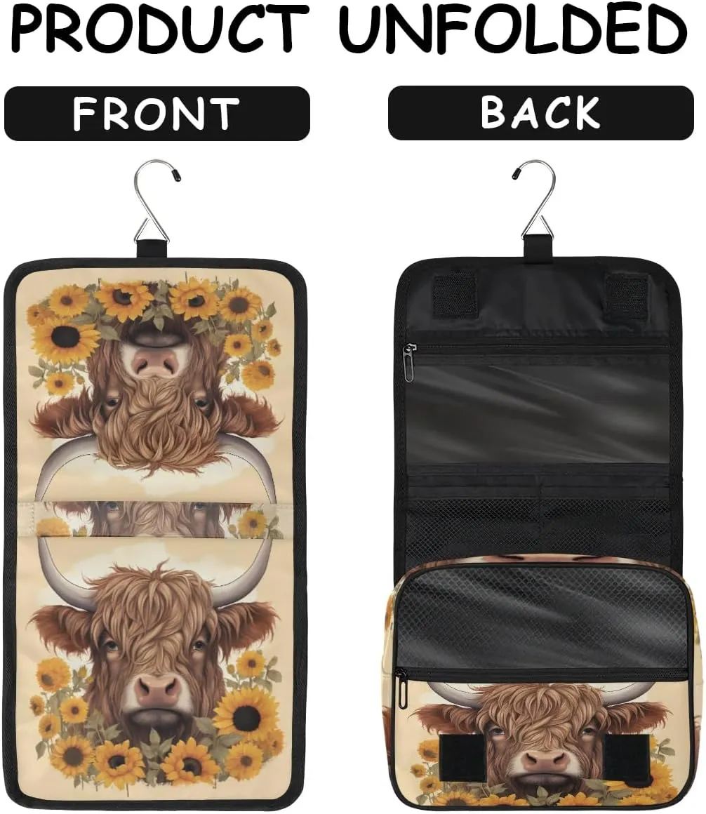 Women Travel Toiletry Bag with Hanging,Sunflower Highland Cow Travel Makeup Cosmetic Bag Water-resistant Travel Toiletry Organizer,Toiletry Bag for Women Girls, Travel Essentials