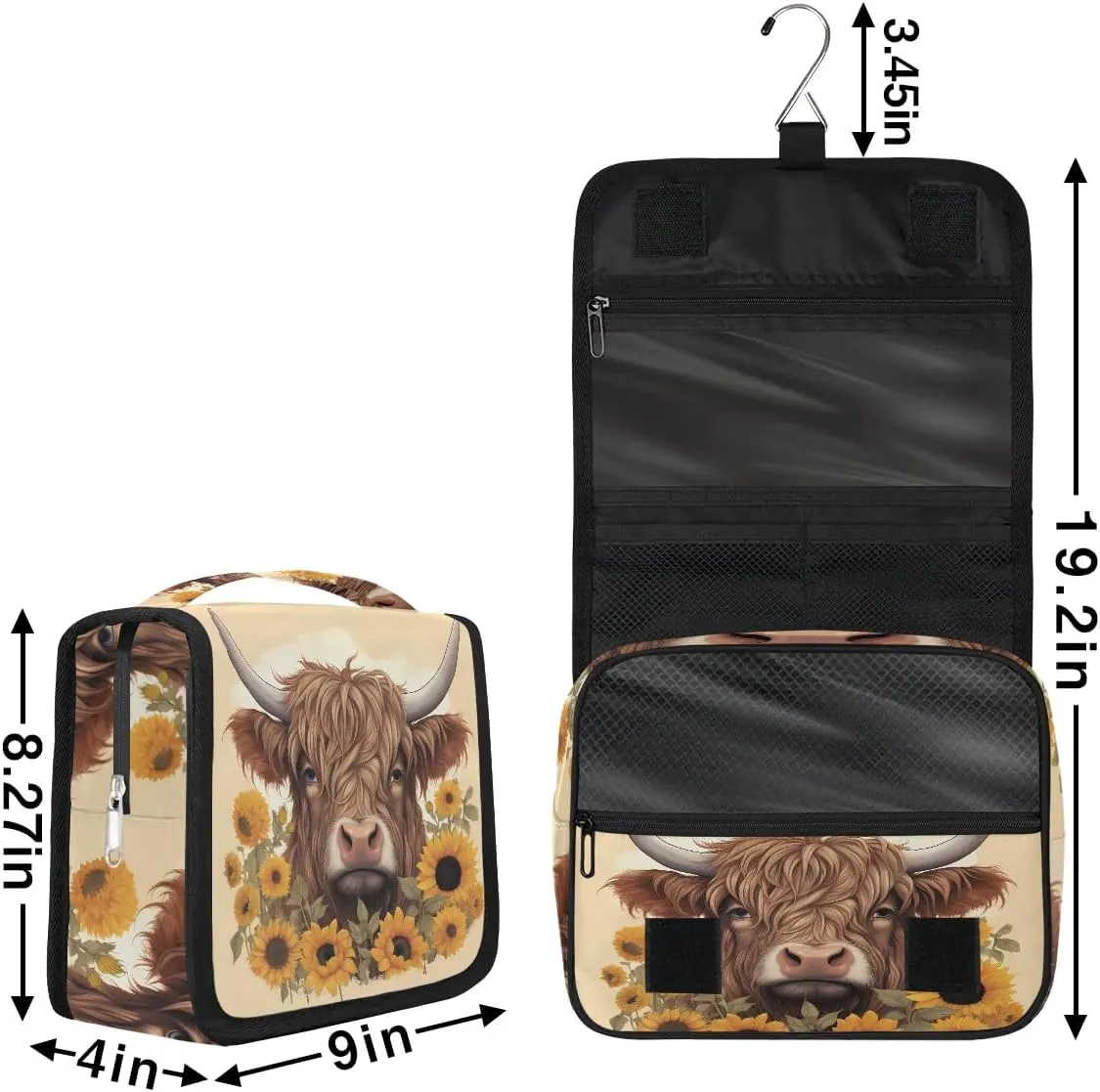 Women Travel Toiletry Bag with Hanging,Sunflower Highland Cow Travel Makeup Cosmetic Bag Water-resistant Travel Toiletry Organizer,Toiletry Bag for Women Girls, Travel Essentials