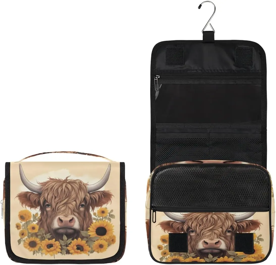 Women Travel Toiletry Bag with Hanging,Sunflower Highland Cow Travel Makeup Cosmetic Bag Water-resistant Travel Toiletry Organizer,Toiletry Bag for Women Girls, Travel Essentials