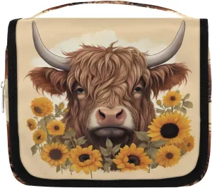 Women Travel Toiletry Bag with Hanging,Sunflower Highland Cow Travel Makeup Cosmetic Bag Water-resistant Travel Toiletry Organizer,Toiletry Bag for Women Girls, Travel Essentials