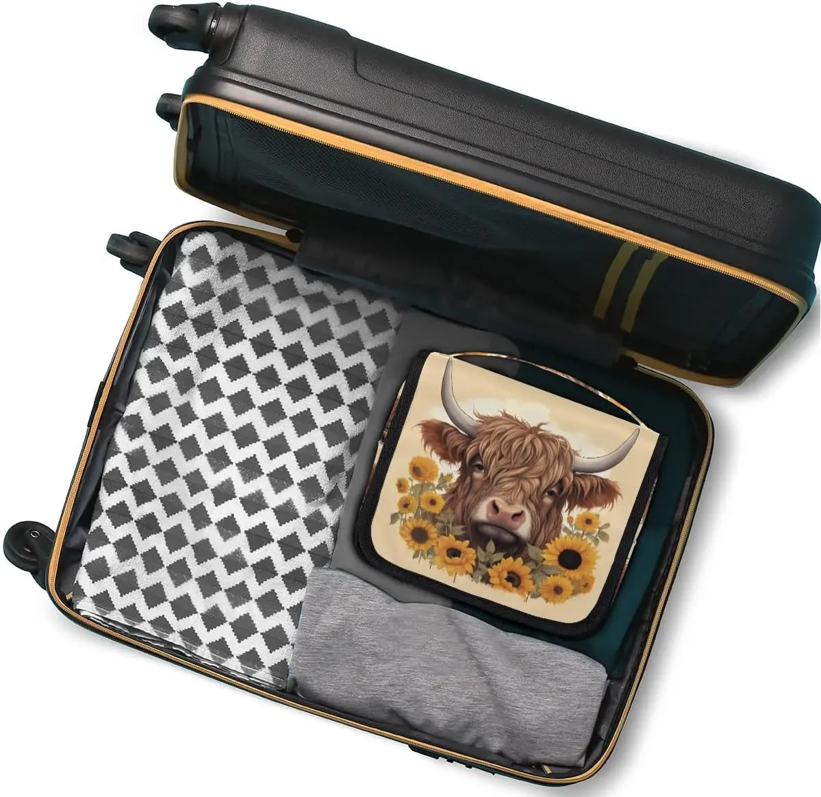 Women Travel Toiletry Bag with Hanging,Sunflower Highland Cow Travel Makeup Cosmetic Bag Water-resistant Travel Toiletry Organizer,Toiletry Bag for Women Girls, Travel Essentials