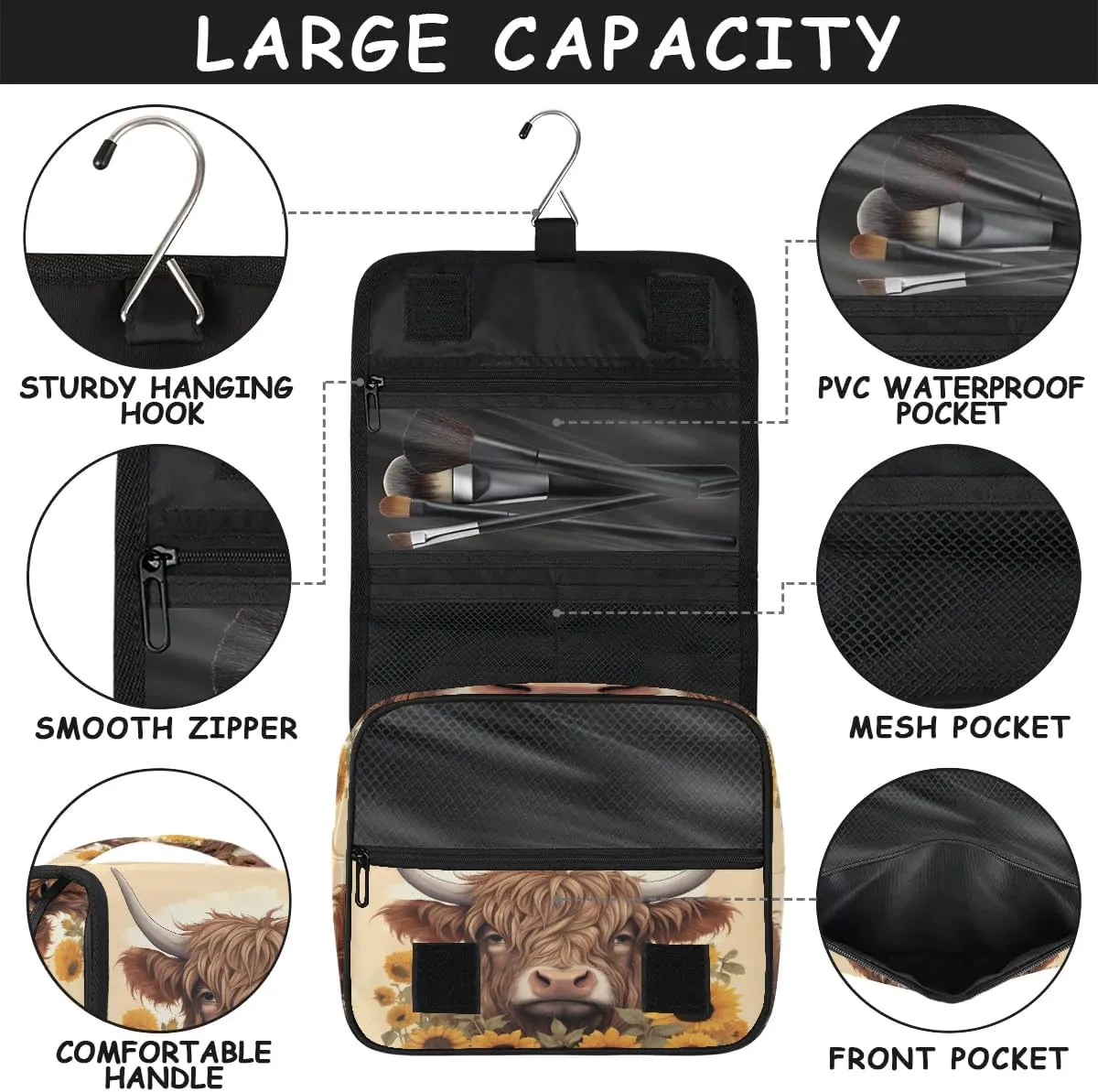 Women Travel Toiletry Bag with Hanging,Sunflower Highland Cow Travel Makeup Cosmetic Bag Water-resistant Travel Toiletry Organizer,Toiletry Bag for Women Girls, Travel Essentials