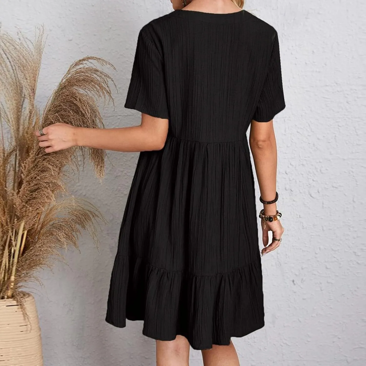 Women V Neck Babydoll Dresses 2025 Summer Short Sleeve Ruffle Swing Flowy Loose Fit Casual Summer Mini Cute Dress