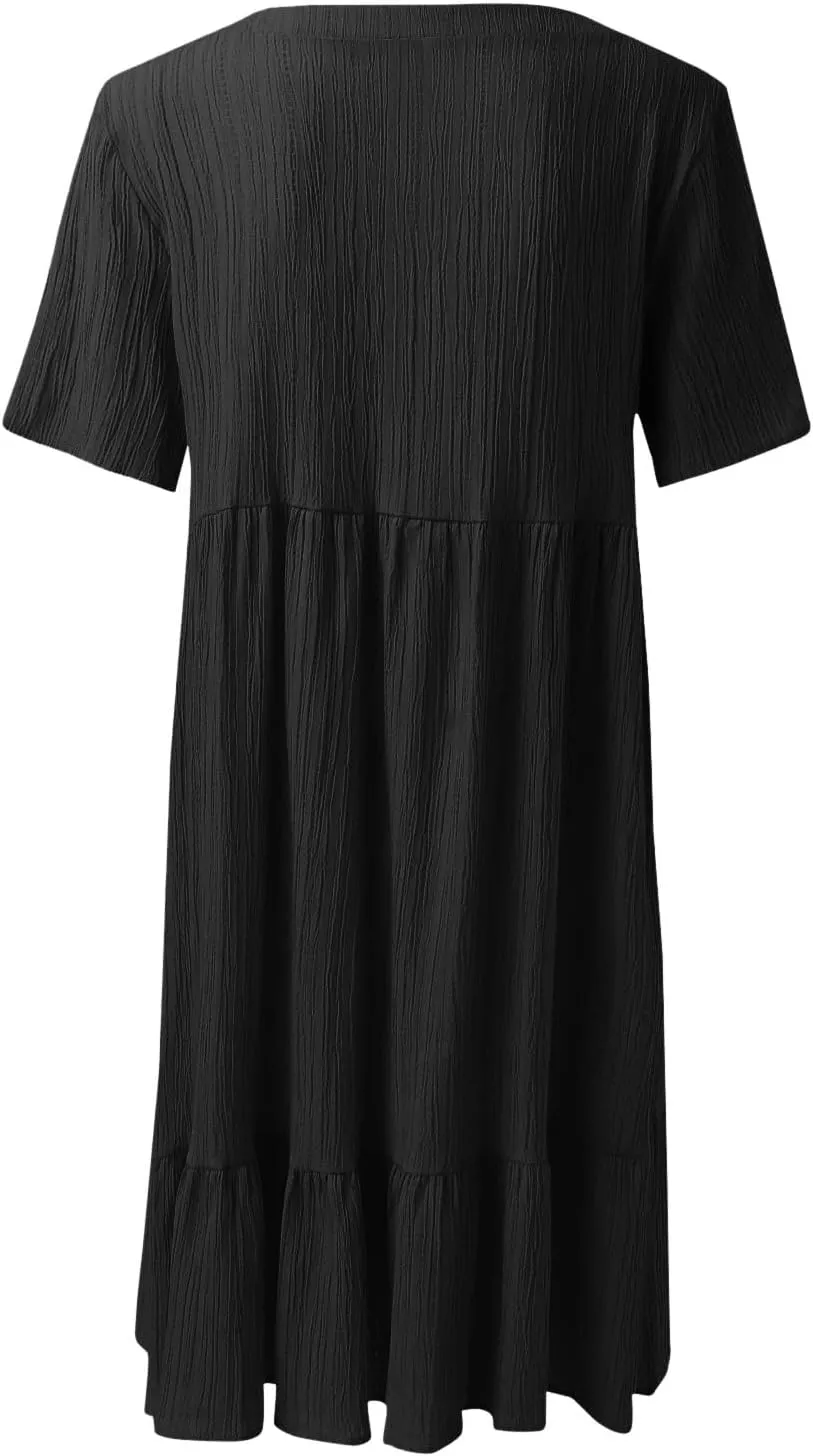 Women V Neck Babydoll Dresses 2025 Summer Short Sleeve Ruffle Swing Flowy Loose Fit Casual Summer Mini Cute Dress