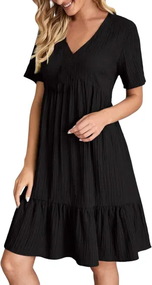 Women V Neck Babydoll Dresses 2025 Summer Short Sleeve Ruffle Swing Flowy Loose Fit Casual Summer Mini Cute Dress