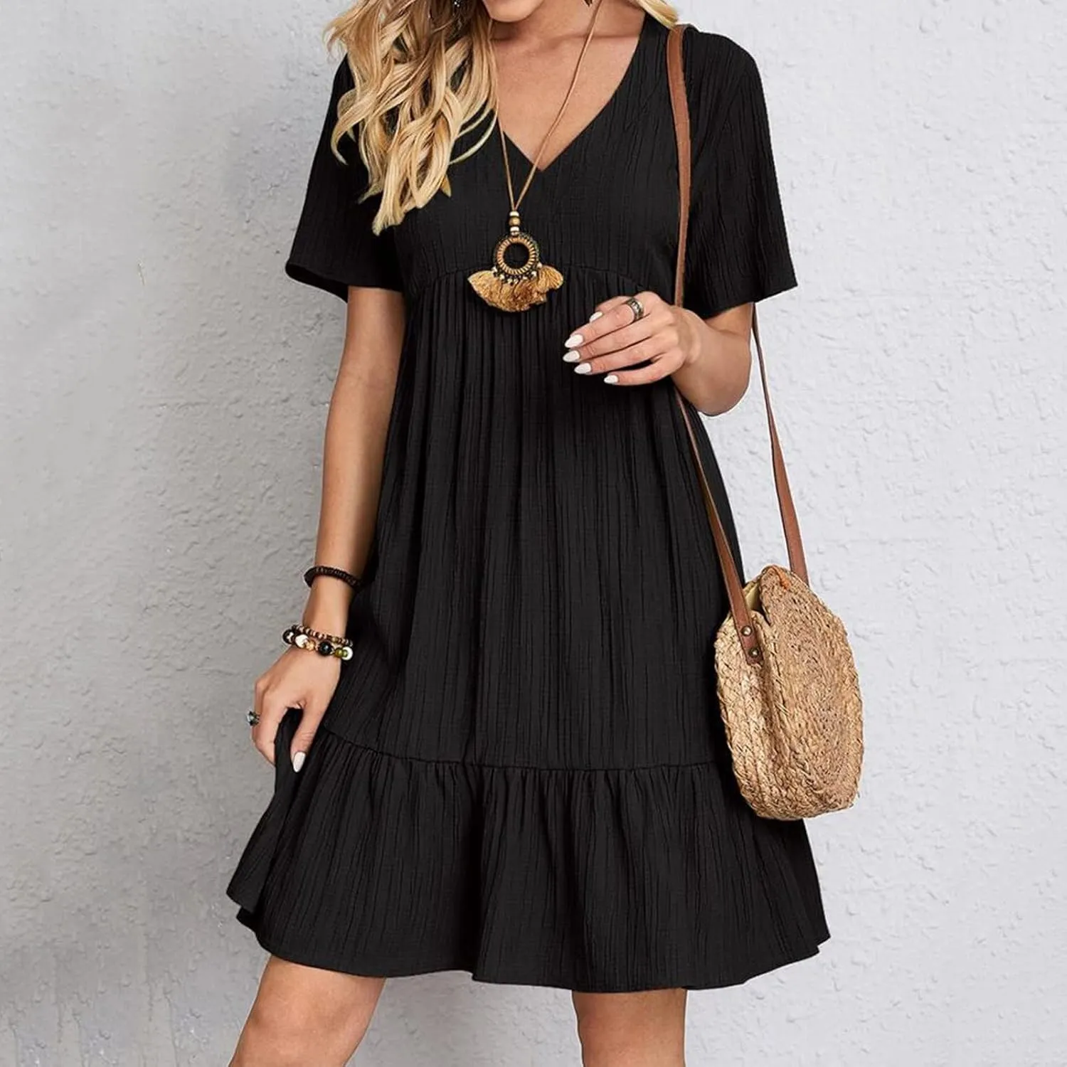 Women V Neck Babydoll Dresses 2025 Summer Short Sleeve Ruffle Swing Flowy Loose Fit Casual Summer Mini Cute Dress