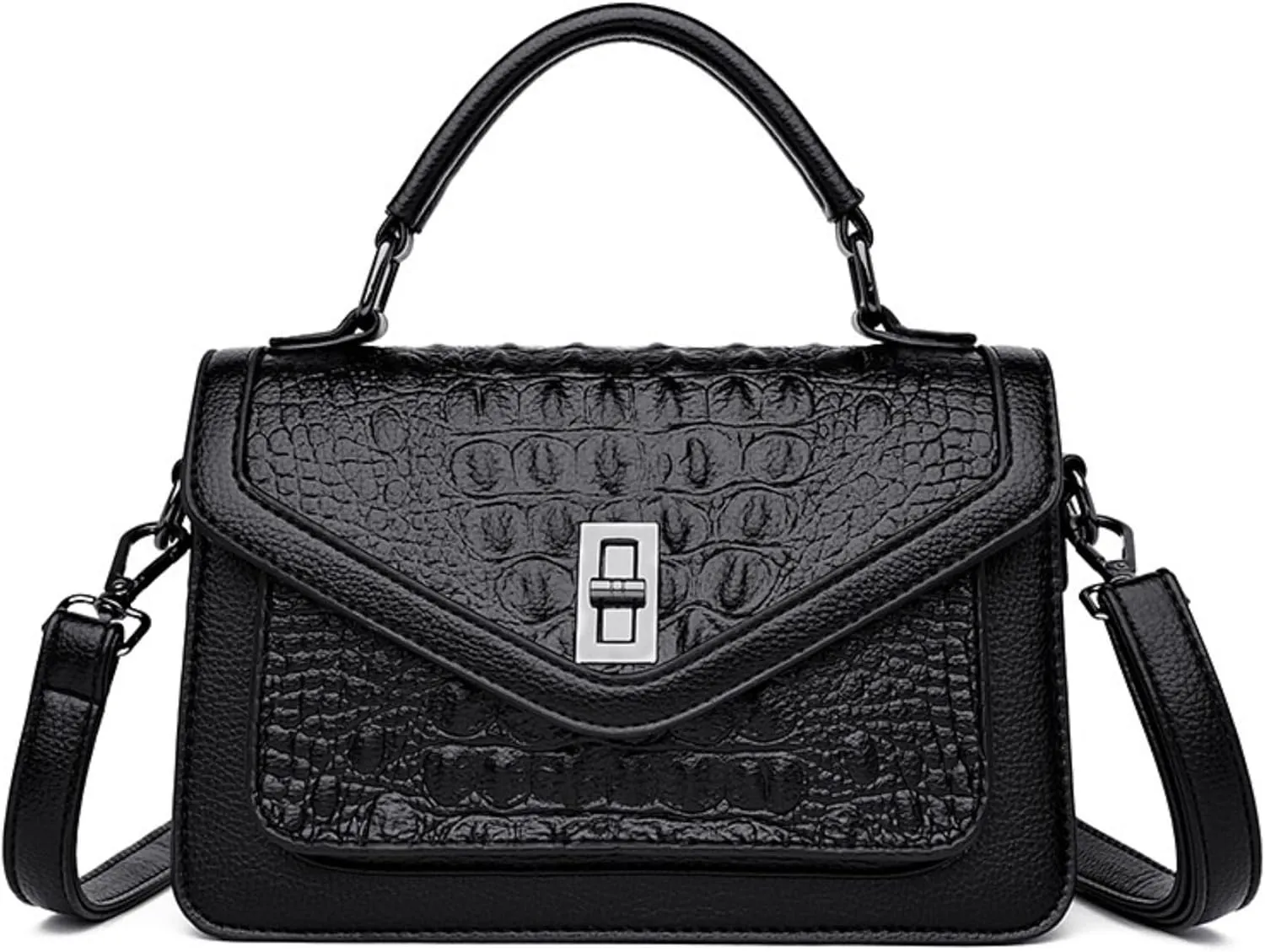 Women Vegan Leather Evening Handbag Crocodile Pattern Handle Clutch Purse Cross Body Envelope Bag