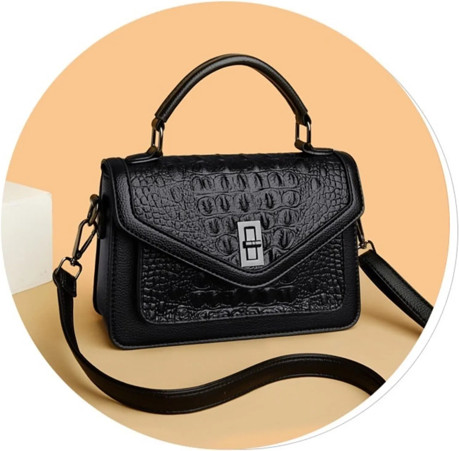 Women Vegan Leather Evening Handbag Crocodile Pattern Handle Clutch Purse Cross Body Envelope Bag