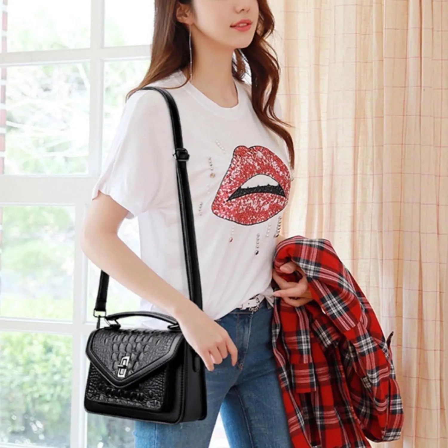 Women Vegan Leather Evening Handbag Crocodile Pattern Handle Clutch Purse Cross Body Envelope Bag