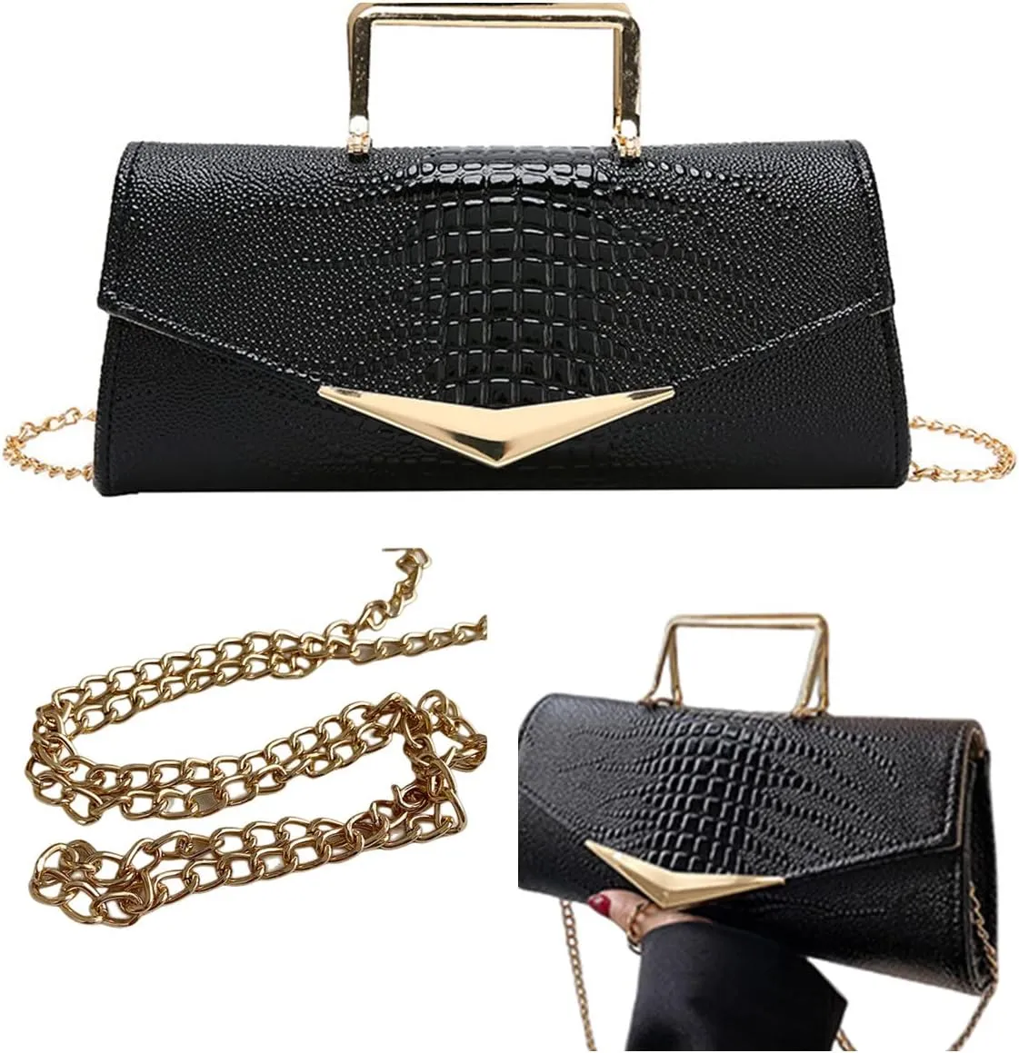 Women Vegan Leather Evening Handbag Crocodile Pattern Handle Clutch Purse Cross Body Envelope Bag