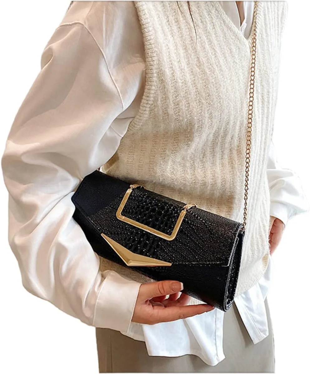 Women Vegan Leather Evening Handbag Crocodile Pattern Handle Clutch Purse Cross Body Envelope Bag