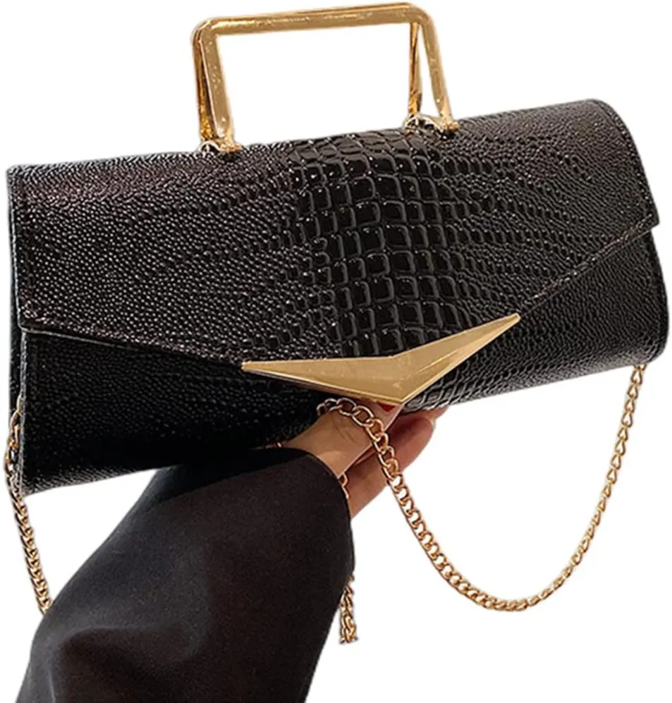 Women Vegan Leather Evening Handbag Crocodile Pattern Handle Clutch Purse Cross Body Envelope Bag