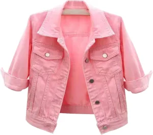 Womens 3/4 Sleeve Colored Cropped Denim Jacket Trendy Light Wash Short Jean Jacket Trucker Coat