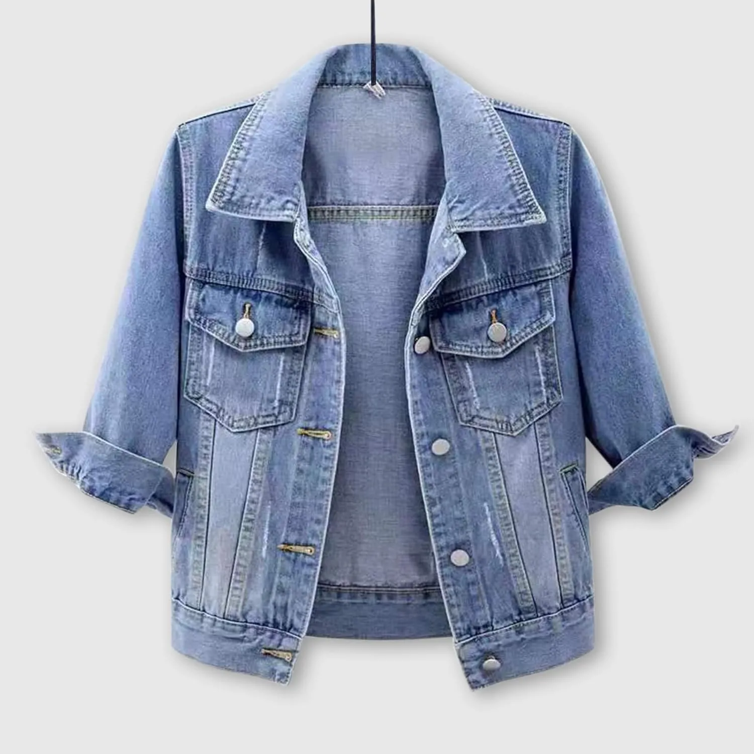 Womens 3/4 Sleeve Colored Cropped Denim Jacket Trendy Light Wash Short Jean Jacket Trucker Coat