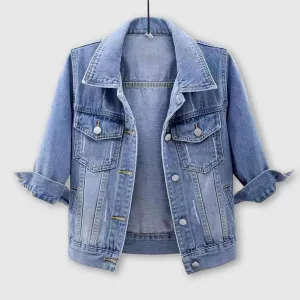Womens 3/4 Sleeve Colored Cropped Denim Jacket Trendy Light Wash Short Jean Jacket Trucker Coat
