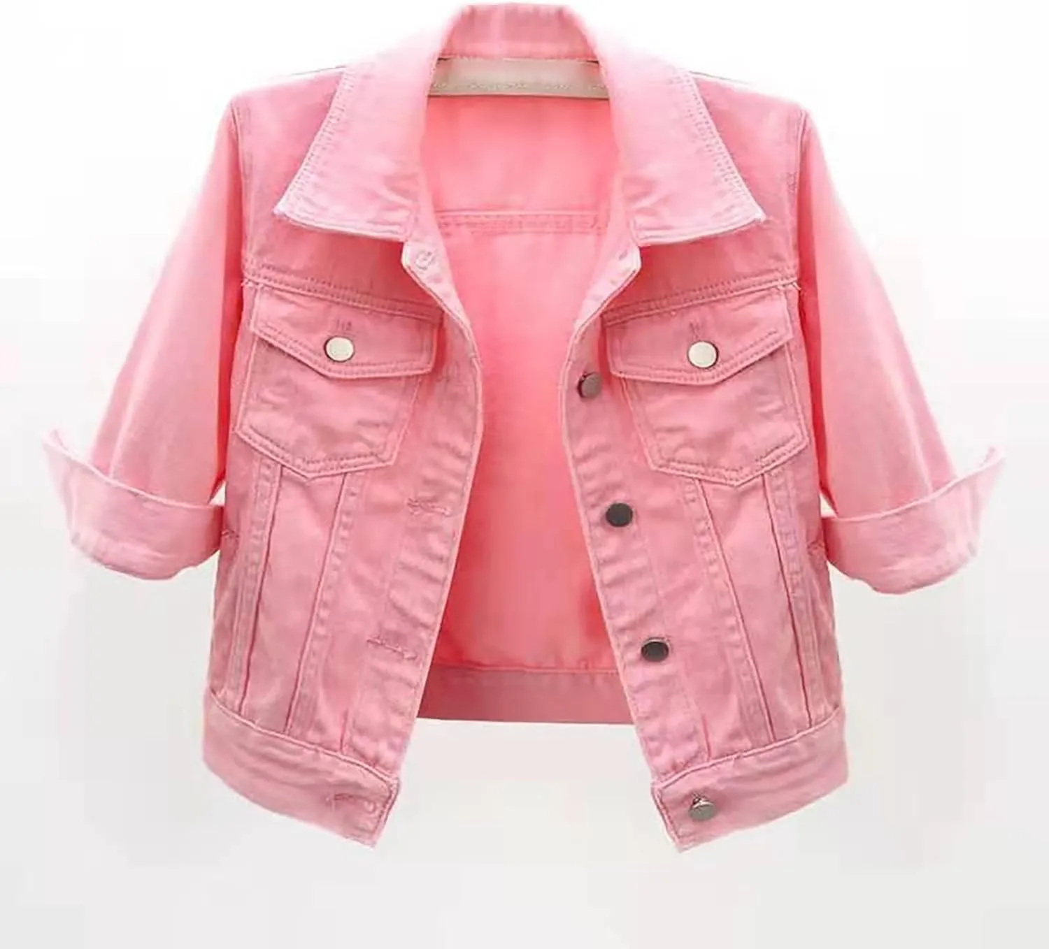 Womens 3/4 Sleeve Colored Cropped Denim Jacket Trendy Light Wash Short Jean Jacket Trucker Coat