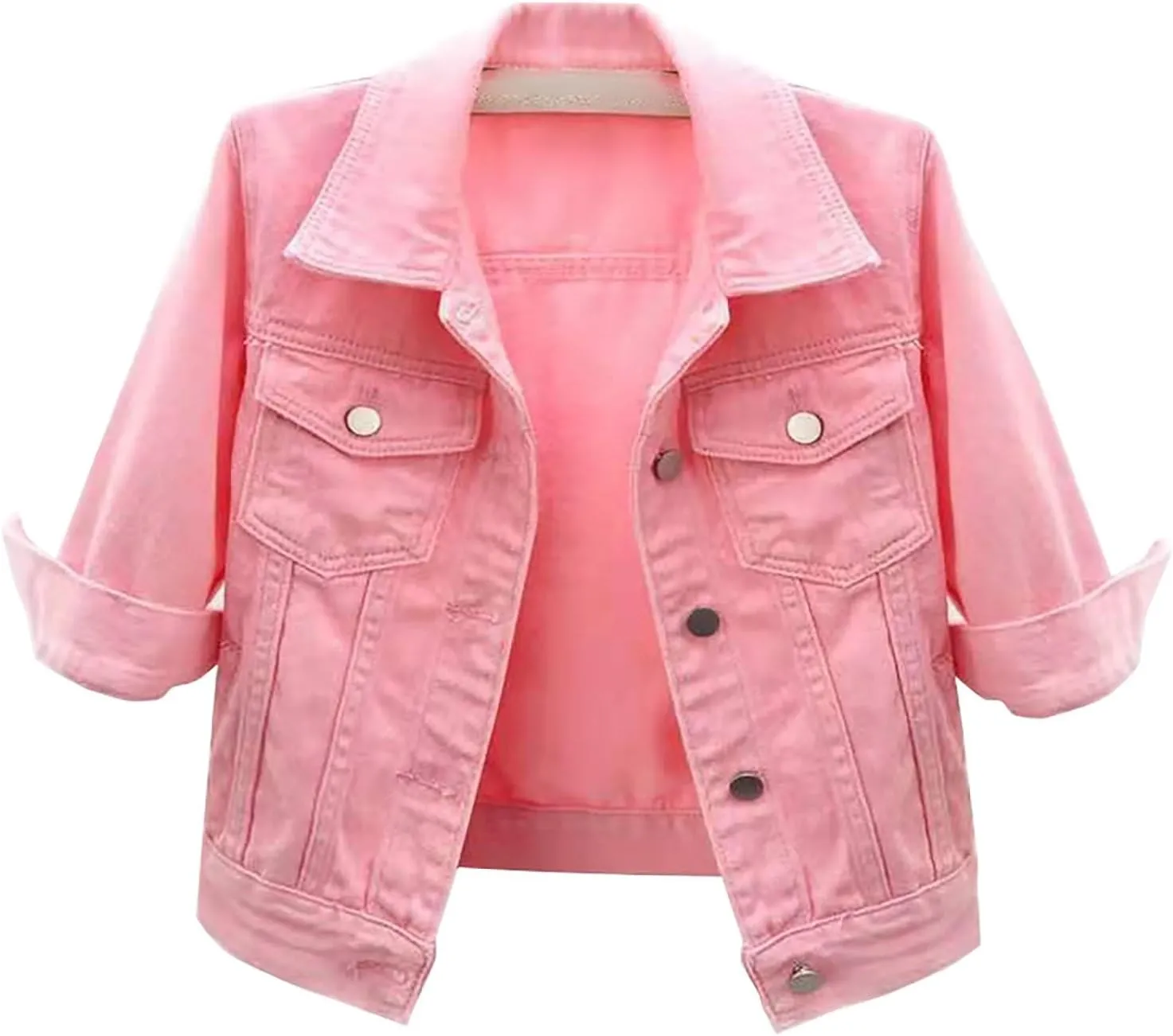 Womens 3/4 Sleeve Colored Cropped Denim Jacket Trendy Light Wash Short Jean Jacket Trucker Coat