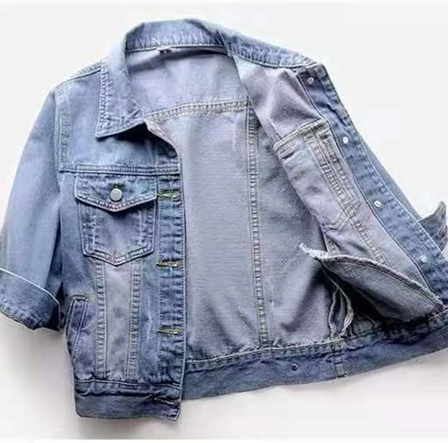 Womens 3/4 Sleeve Colored Cropped Denim Jacket Trendy Light Wash Short Jean Jacket Trucker Coat