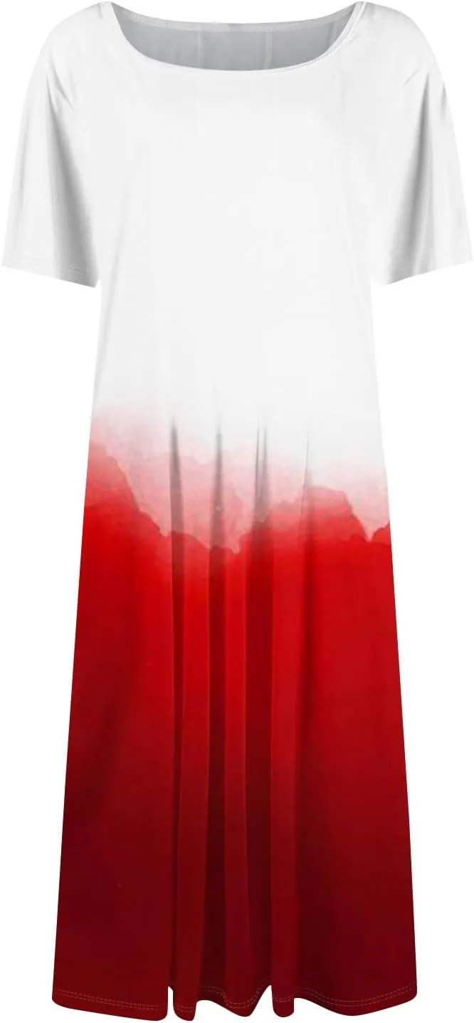 Women's Beachy Outfits Round Neck Short Sleeve Gradient Losse A Line Casual Midi Dress Trendy, S-3XL