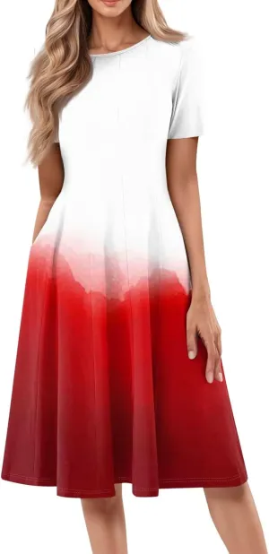 Women's Beachy Outfits Round Neck Short Sleeve Gradient Losse A Line Casual Midi Dress Trendy, S-3XL