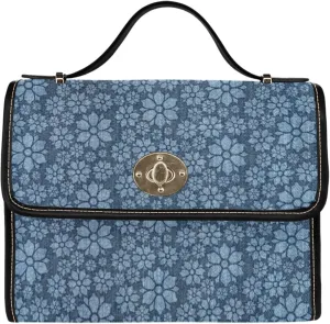 Women's Blue Denim Print Canvas Satchel Handbag Black Vegan Leather Trim