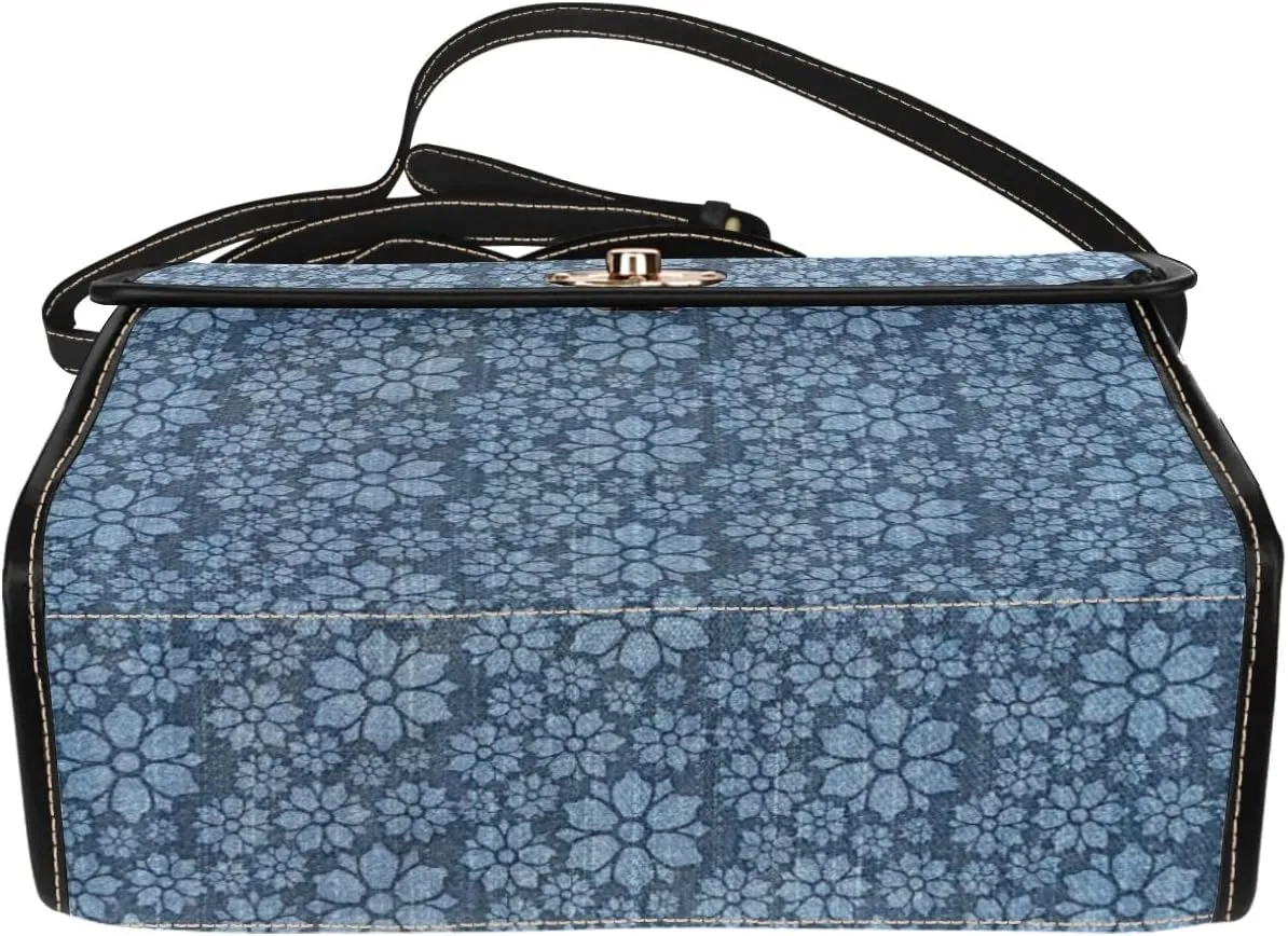 Women's Blue Denim Print Canvas Satchel Handbag Black Vegan Leather Trim