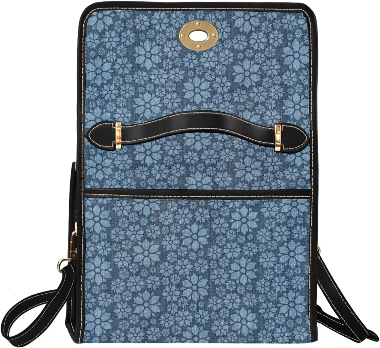 Women's Blue Denim Print Canvas Satchel Handbag Black Vegan Leather Trim