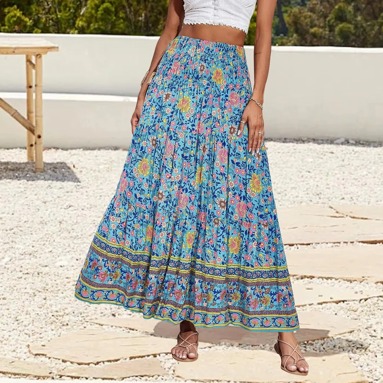 Womens Bohemian Skirts Summer Floral Print Flowy Long Skirts High Waist A Line Maxi Skirt Pleated Long Beach Dress