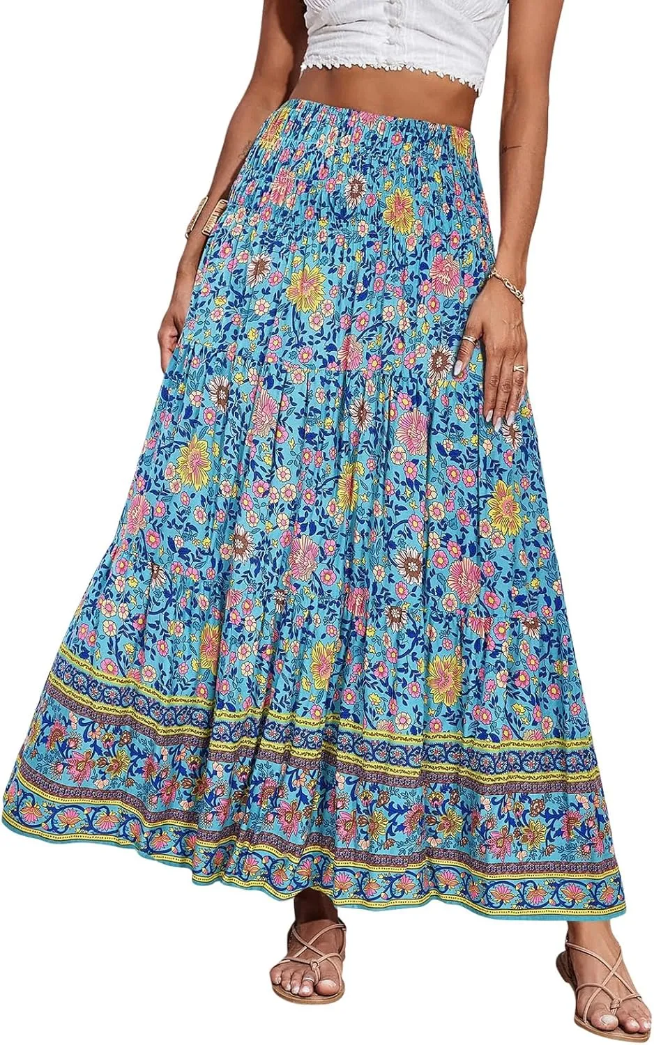 Womens Bohemian Skirts Summer Floral Print Flowy Long Skirts High Waist A Line Maxi Skirt Pleated Long Beach Dress