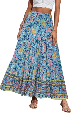 Womens Bohemian Skirts Summer Floral Print Flowy Long Skirts High Waist A Line Maxi Skirt Pleated Long Beach Dress