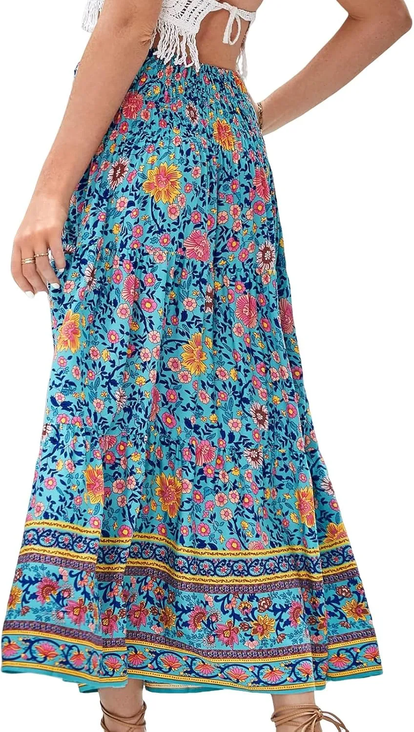 Womens Bohemian Skirts Summer Floral Print Flowy Long Skirts High Waist A Line Maxi Skirt Pleated Long Beach Dress