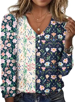 Womens Boho Floral Print Tops Dressy Slim Fit Vintage Womens Summer Tops V Neck Button Down Shirts for Women