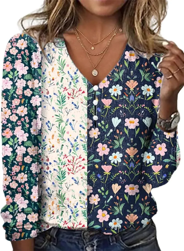 Womens Boho Floral Print Tops Dressy Slim Fit Vintage Womens Summer Tops V Neck Button Down Shirts for Women