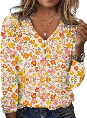 Womens Boho Floral Print Tops Dressy Slim Fit Vintage Womens Summer Tops V Neck Button Down Shirts for Women