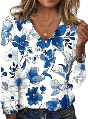 Womens Boho Floral Print Tops Dressy Slim Fit Vintage Womens Summer Tops V Neck Button Down Shirts for Women