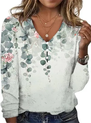 Womens Boho Floral Print Tops Dressy Slim Fit Vintage Womens Summer Tops V Neck Button Down Shirts for Women