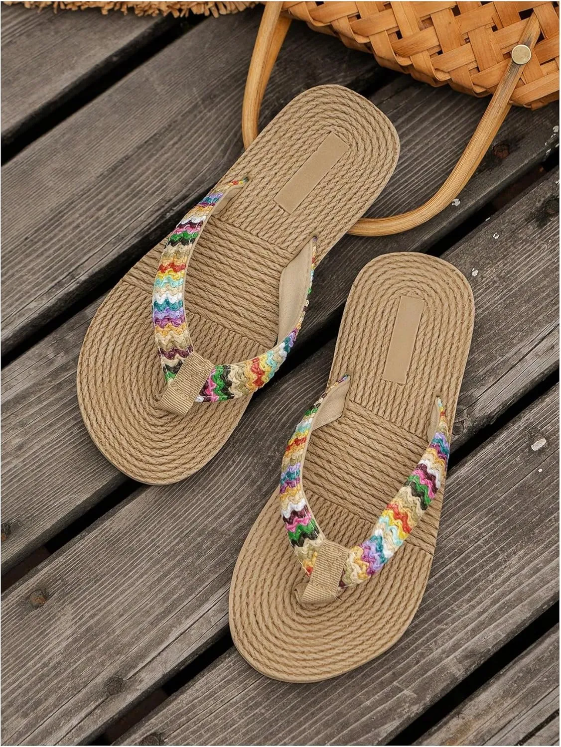 Women's Boho Tribal Braid Flip Flops Boho Thong Sandals Vacation Beach Slide Slippers