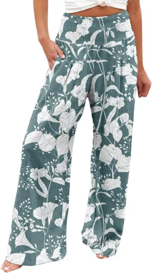 Women's Boho Wide Leg Palazzo Pants Womens Cotton Casual Loose Pants Comfy Work Pants with Long Casual Wide Leg