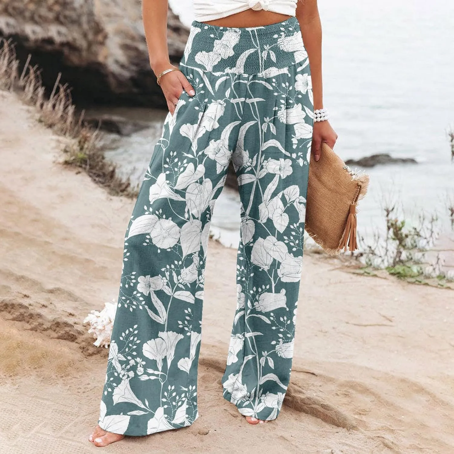 Women's Boho Wide Leg Palazzo Pants Womens Cotton Casual Loose Pants Comfy Work Pants with Long Casual Wide Leg
