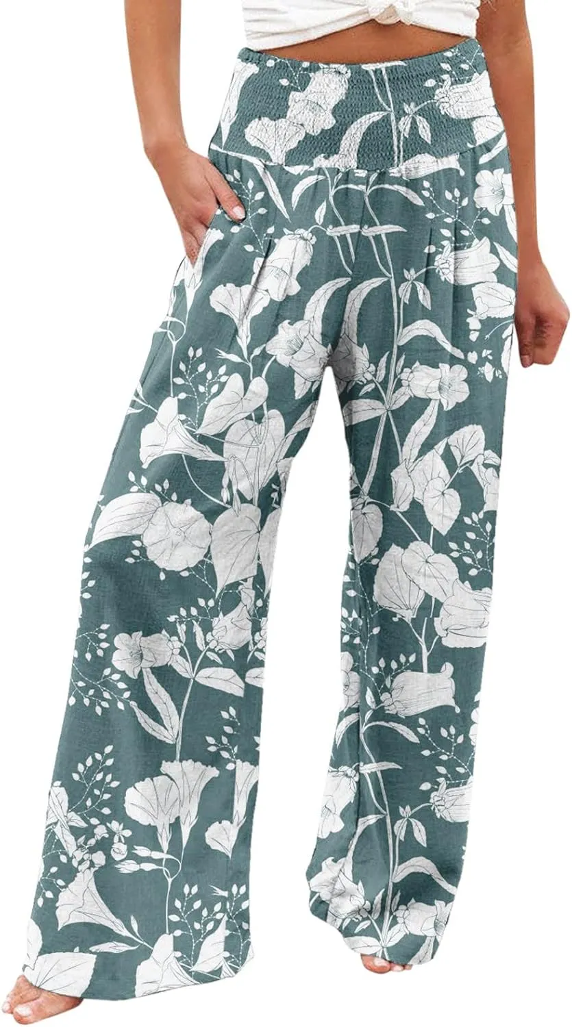 Women's Boho Wide Leg Palazzo Pants Womens Cotton Casual Loose Pants Comfy Work Pants with Long Casual Wide Leg