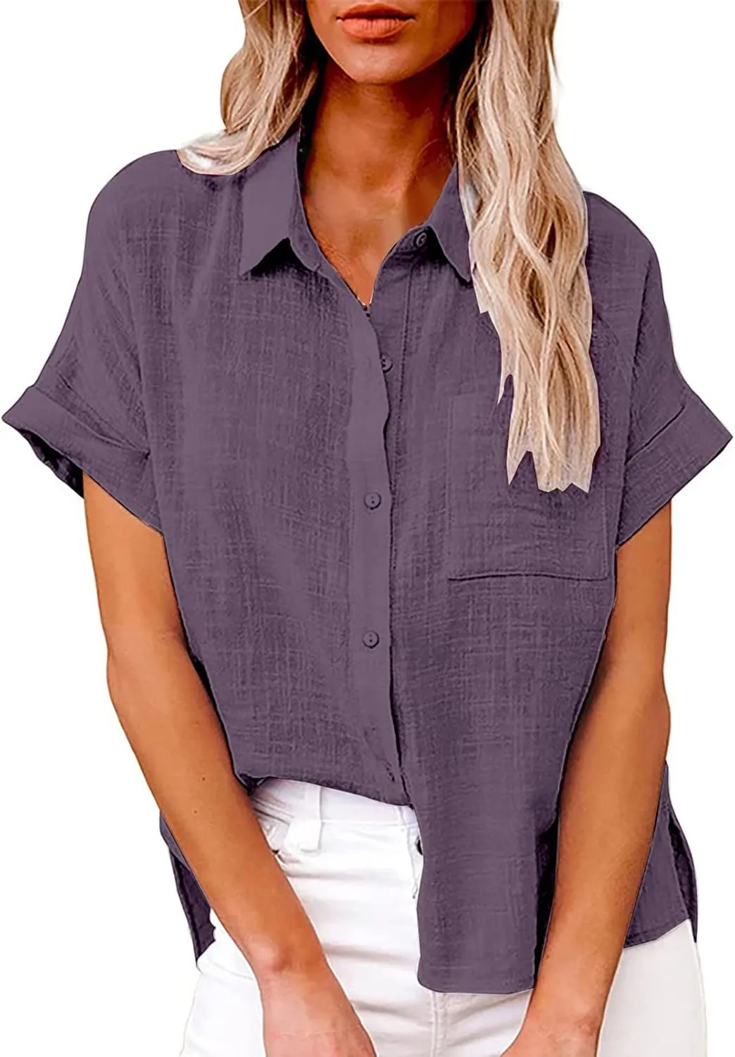Womens Button Down Shirt Cotton and Slub Long Sleeve Pocket Button Tee Casual Popular Blouse Tops(S 3XL) Womens Top