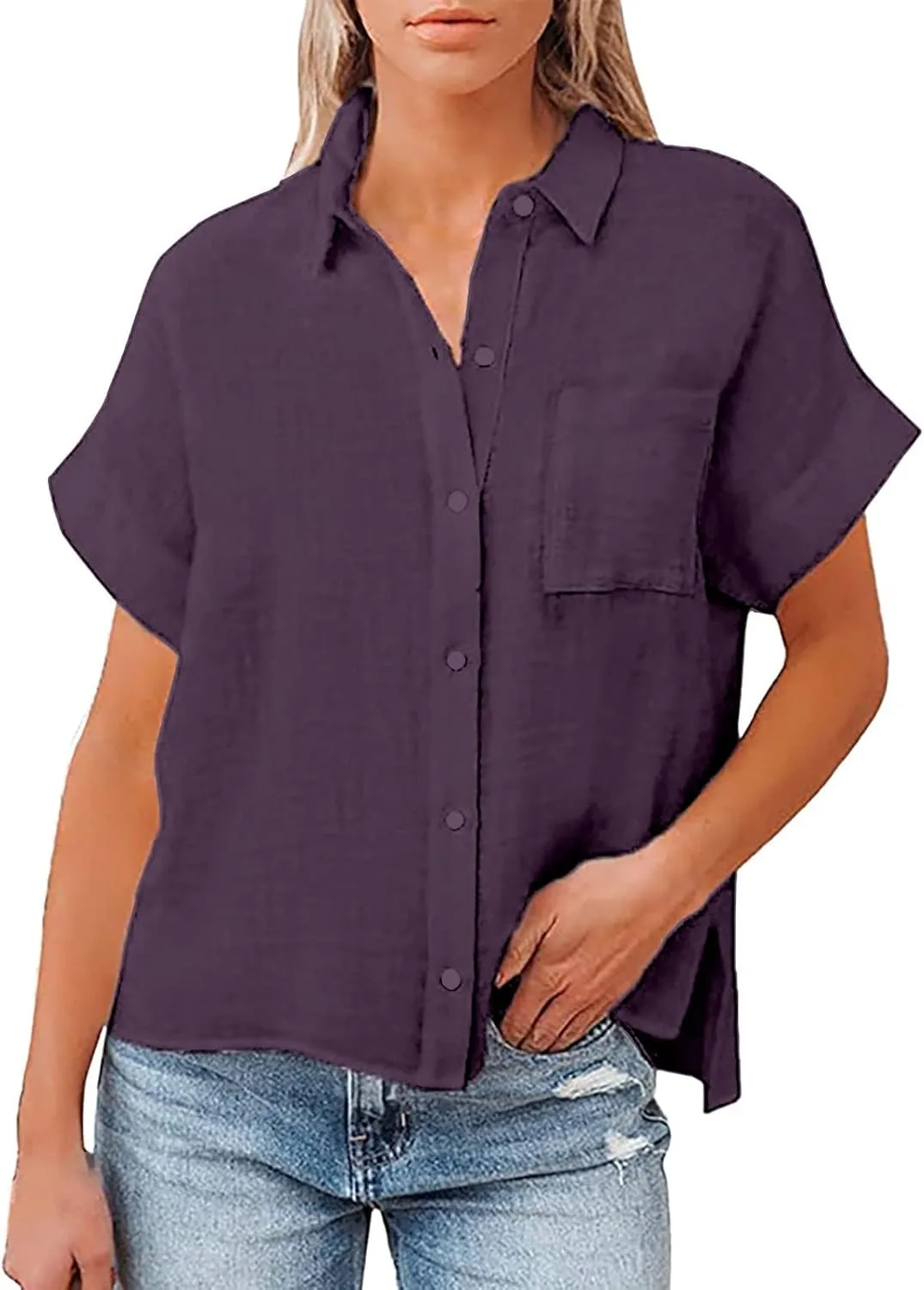 Womens Button Down Shirt Cotton and Slub Long Sleeve Pocket Button Tee Casual Popular Blouse Tops(S 3XL) Womens Top