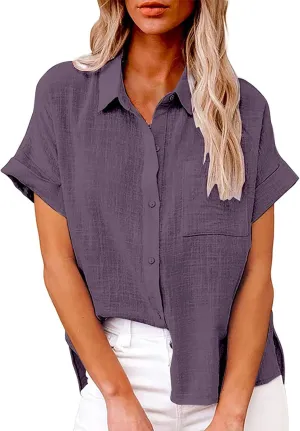 Womens Button Down Shirt Cotton and Slub Long Sleeve Pocket Button Tee Casual Popular Blouse Tops(S 3XL) Womens Top