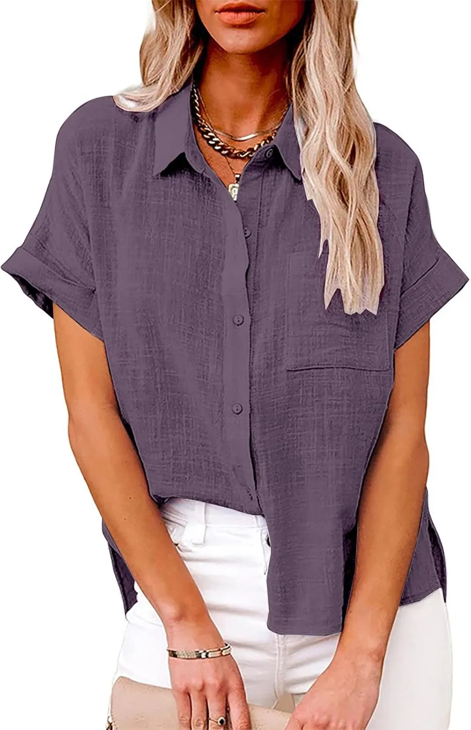 Womens Button Down Shirt Cotton and Slub Long Sleeve Pocket Button Tee Casual Popular Blouse Tops(S 3XL) Womens Top
